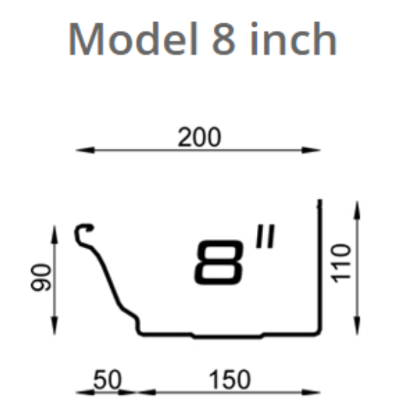 Technische tekening van aluminium dakgoot model 8 inch met maatvoering